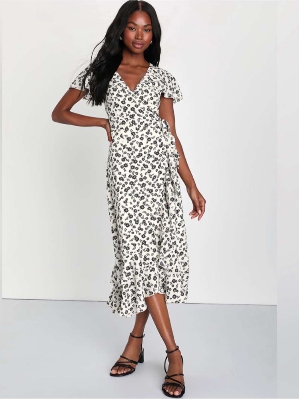 Lulu's Cream Maxi Dress with Black Floral Print